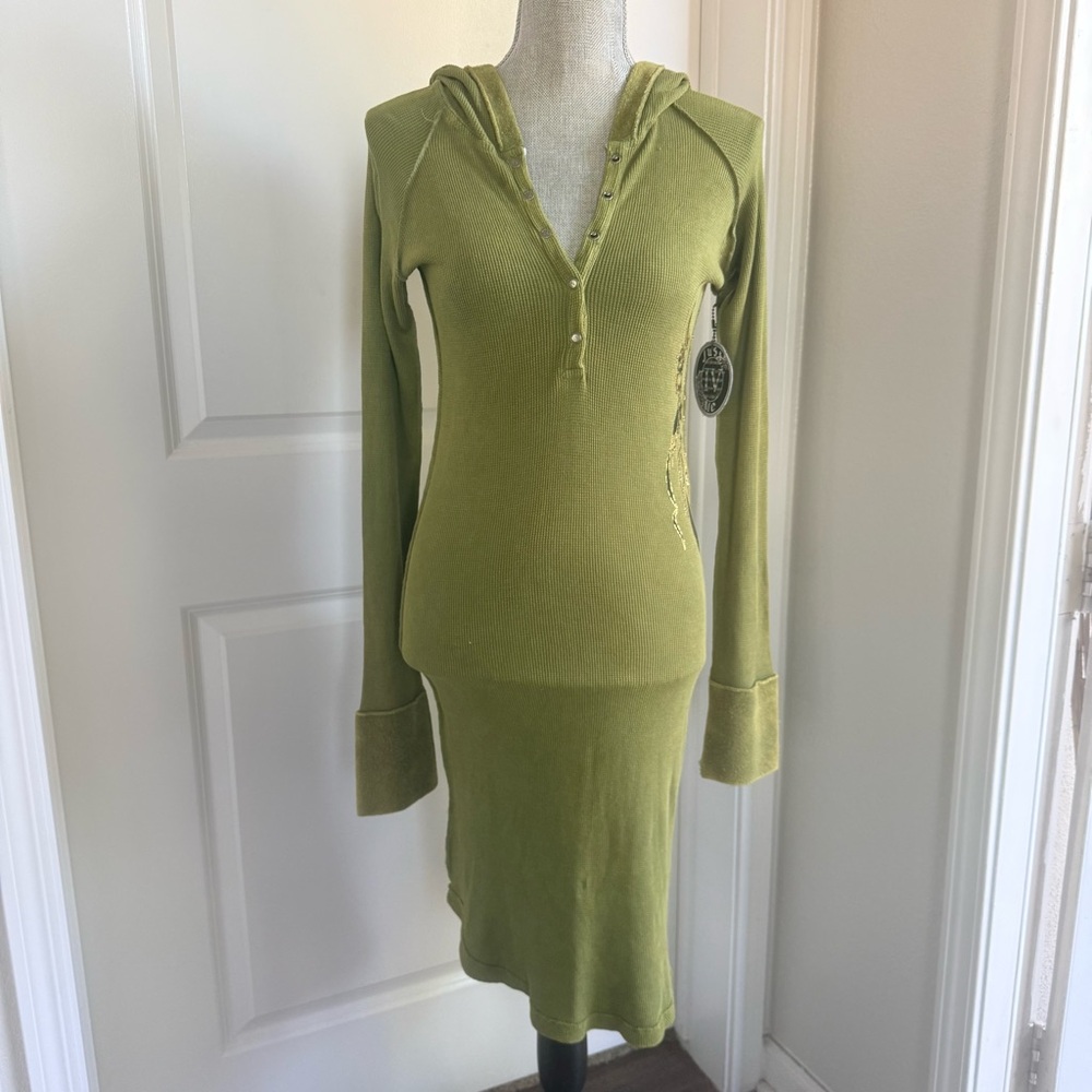 Just Me Olive Green Ribbed Hooded Midi Dress